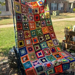 Vintage Granny squared crochet afghan COLORFULL  99”x40” blanket throw Roseann
